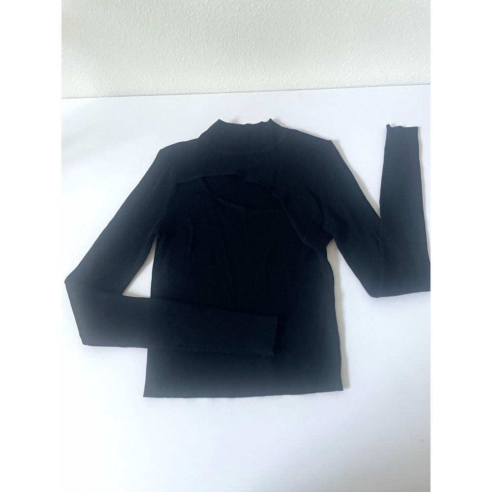 ZARA Black Ribbed Knit Mock Neck Long Sleeve Stretch Pullover Sweater M